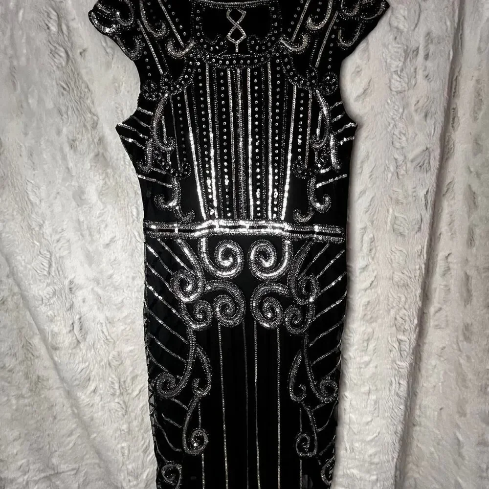 UNBRANDED Black & silver beaded midi dress with fringe hem - Picture 4 of 8